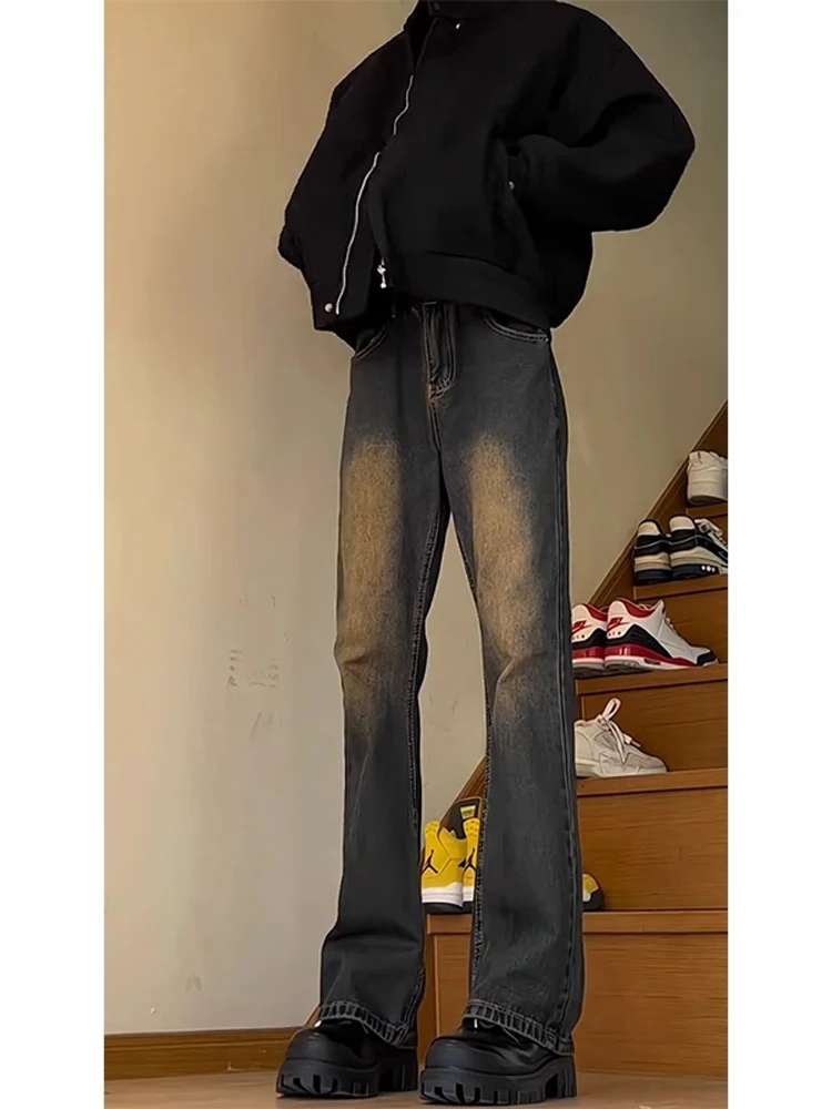 الرجال عالية الخصر Thiened Fce اصطف سليم صالح الجينز الشتاء خمر الأمريكية فيبي بنطال ذو قصة أرجل واسعة سكين بليد تصميم