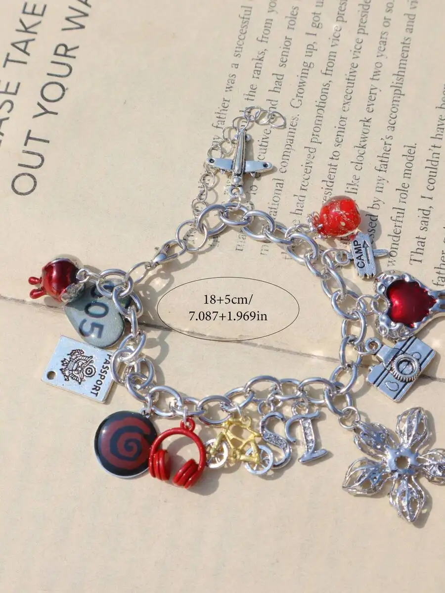 

Red Earphone Camera Charm Bracelet Vintage Floral Bicycle Friendship Chain Bracelet
