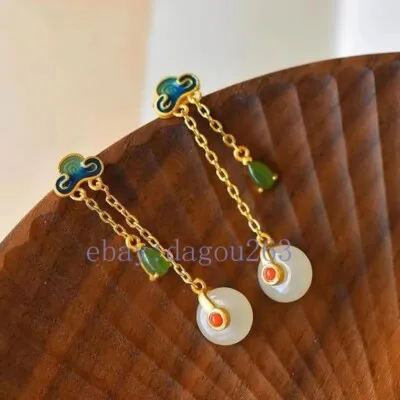 Natural Hotan Jade Earrings Ethnic Minority Retro Style Gold plated Earrings