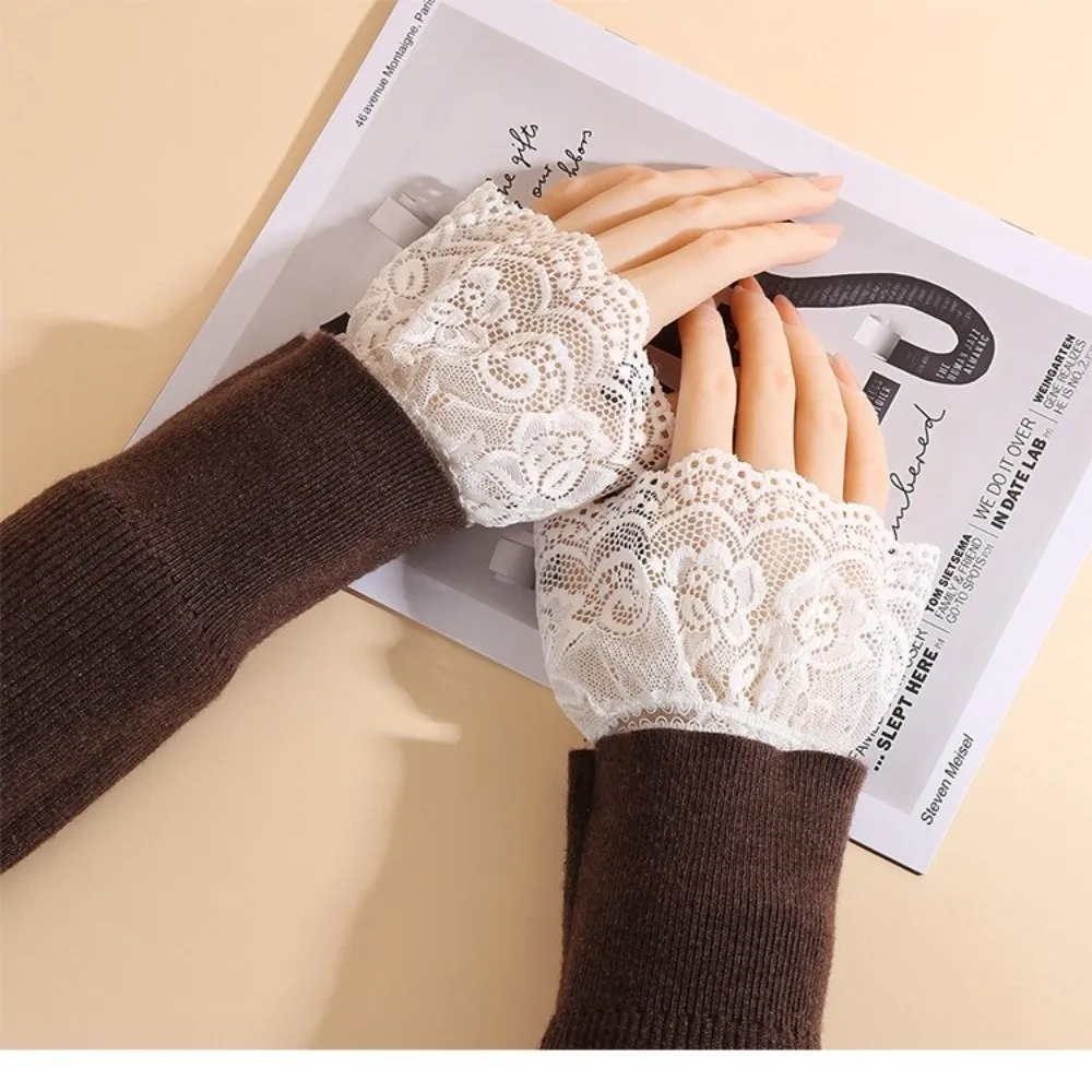

1 Pair Versatile Elegant Fake Cuffs Embroidery Pattern Solid Color False Cuffs Thin Detachable Lace Sleeves For Women