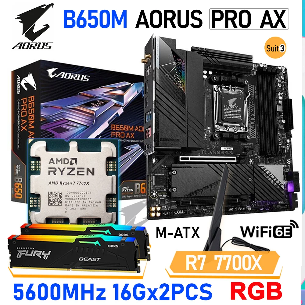 amd ryzen 7700x am5 cpu combinado com gigabyte b650m aorus pro ax ddr5 amd b650 placa mae terno mais memoria ddr5 5600mhz 32gb 01