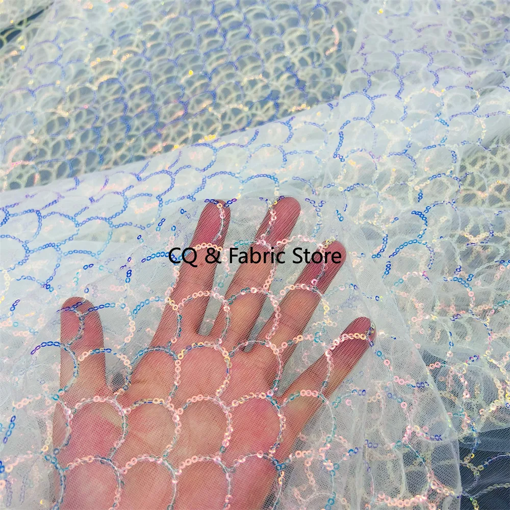 

White Sparkly Sequin Embroidery Fabric For DIY Designers, Dresses, Bridal Gowns, And Fish Scale Shimmering Cloth