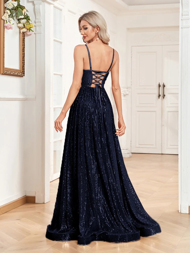 XUIBOL Elegant Deep V-Neck Sequins Formal Evening Dress 2023 Women Sexy Backless Aline Long Dress Wedding Party Prom vestido