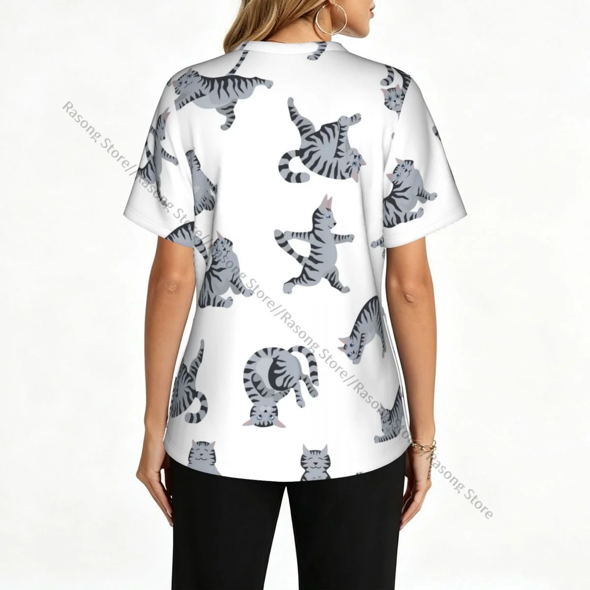 Women Scrubs Blouse Medical Nurse V-neck Clinical Scrubs Top Cats Yoga Operating Room Work T-shirt