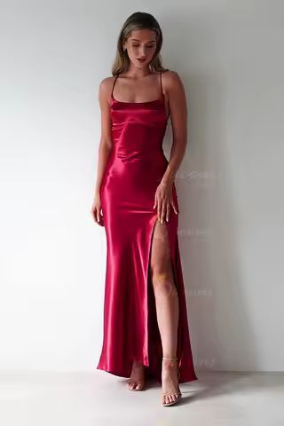 QueensLove Red Bridesmaid Dress Backless A-Line Wedding Dress Spaghetti Evening Dress Split Elegant Satin Dress