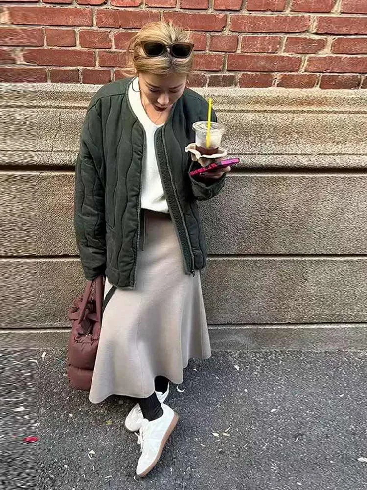 Casual Solid Cotton-padded Coat Women O-neck Zipper Wavy-striped Drawstring Long Sleeve Coat Female  Autumn Winter Lady Outwear