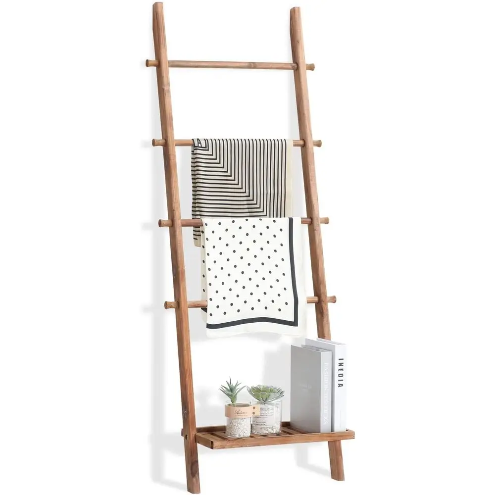

Light Brown 5-Tier Wooden Ladder Shelf for Living Room Decor, Quilt Display, and Storage in Rustic Style