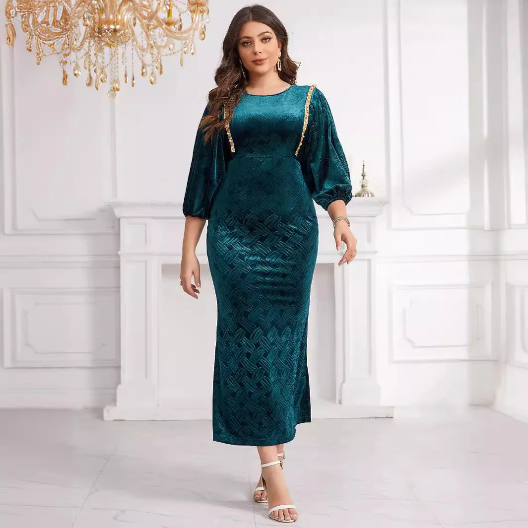 Women's Dresses Embossed Velvet Round Neck Handmade Beaded Lantern Sleeves Slim Fit Fashionable Dress On Special Offer 2024