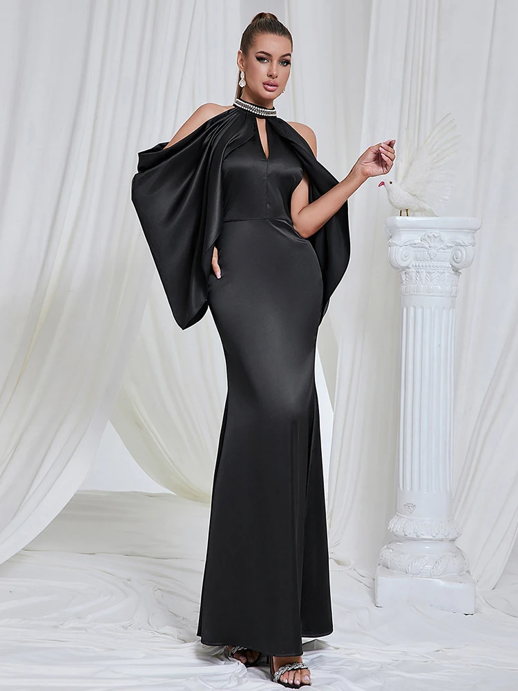 

Ele Bla Satin Gown with Pearl Nelace Long Slimming Dr Deep V Faion Sle No Sve High Waist for Par Wedding
