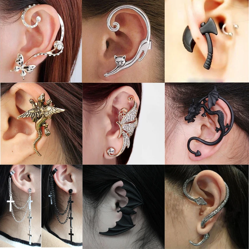 

Korean Gothic DIY Black Bat Shaped Ear Clips For Women Punk Goth Dragon Snake Butterfly Ax Vintage Earrings Party Gifts Jewelry