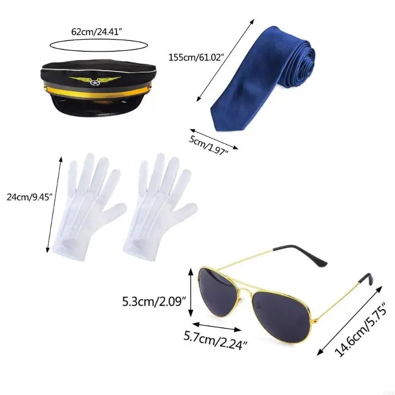Q0KE Kapitein en Stewardess Cosplay Kostuum Accessoires voor Halloween Paar Dress Up Kapitein Hoed Aviator-Zonnebril Prop
