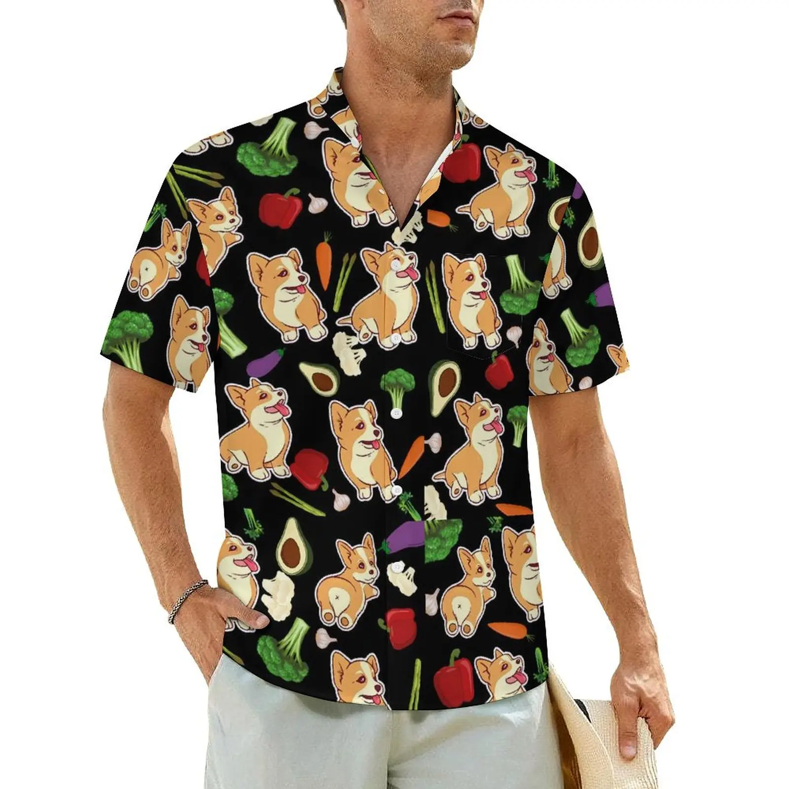 

Cute Corgi Print Casual Shirt Vegetables Food Trendy Hawaiian Shirts Men Short Sleeves Beach Streetwear Design Oversized Blouses