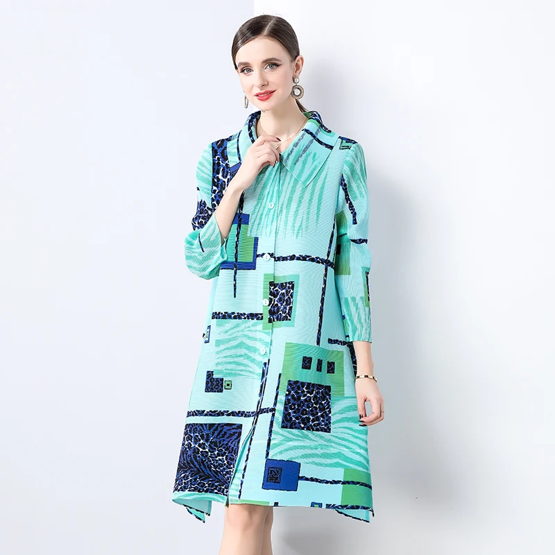 Fashion Miyake Lapel Color Blocking Cardigan Shirt Dress For Women Long Sleeve Large Size Casual A-Line Dress Female Clothing