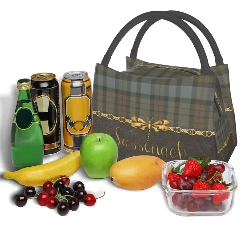 Leather And Tartan Sassenach Pattern Insulated Lunch Bag for Women Resuable Dragonfly Outlander Cooler Thermal Lunch Box