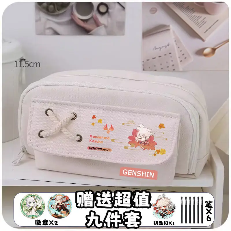 Genshin Impact Game Stationery Cartoon Canvas pencil bag Arataki Itto/kaeehara Kazuha/Tartaglia/Raiden Shogun/Keqing kawaii bag