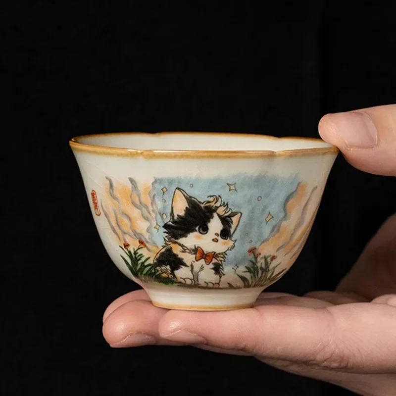 2Pcs/lot 65ml Cute Cat Teacup Chinese Ru Yao Ceramic Opening Cup Pottery Beautiful Cups Tea Cup Set Teaware For Tea Ceremony