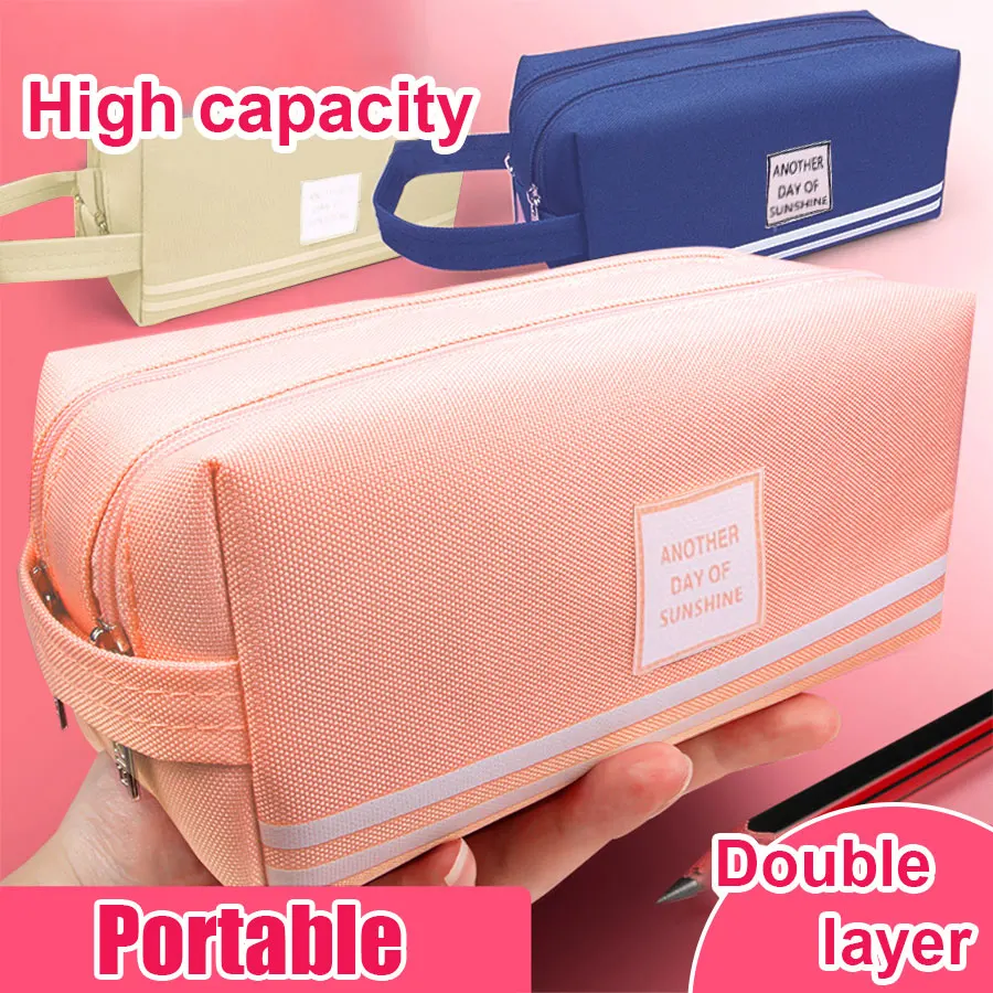 estojos de lapis de camada dupla para meninas grande capacidade papelaria bonito simples bolsas de lona material escolar 01