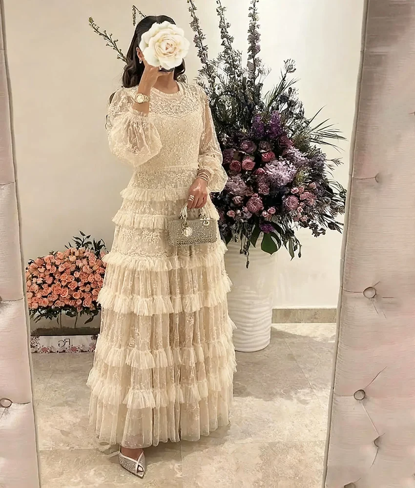 

Customized Exquisite Organza A-Line Ruffles Tiered Flowers Evening Dress Delicate O-neck Long Sleeves Bespoke Occasion Gowns