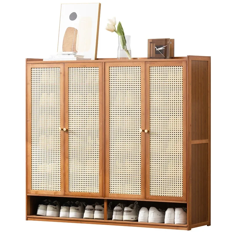Simple Rattan Shoe Cabinet Dustproof Storage Rack for Entryway Porch Large Capacity Integrated Organizer for Small Apartment