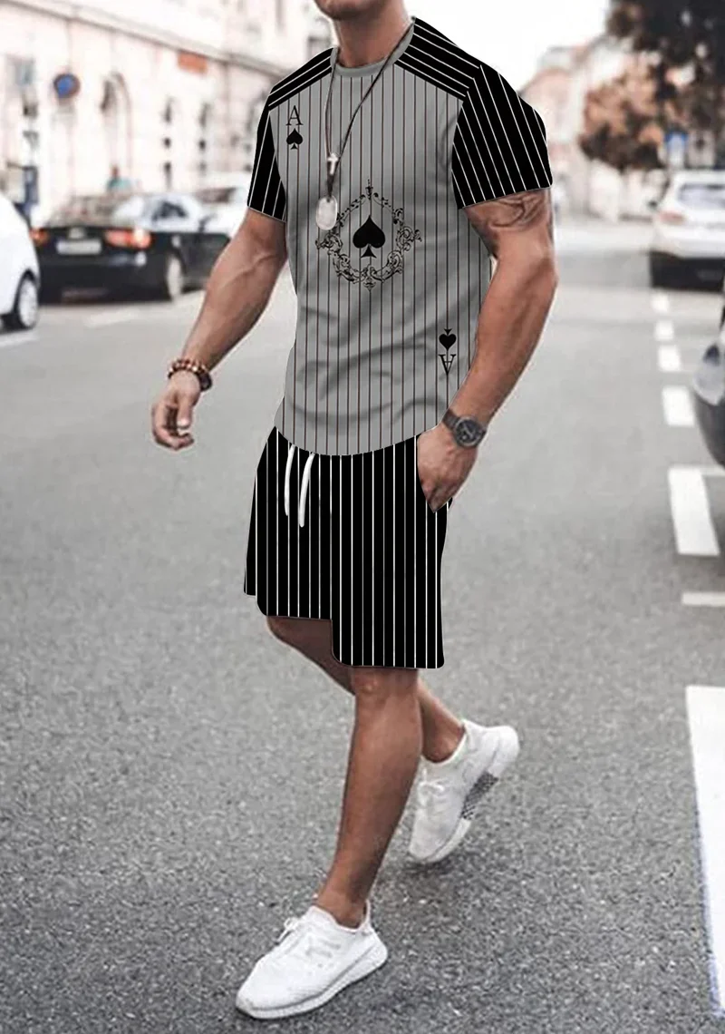 

T-Shirt Men Casual Fashion Stripe Poker Ace of Spades Short Sleeve Gray Tee & Short SET 2023 Summer New Short-Sleeved Shorts