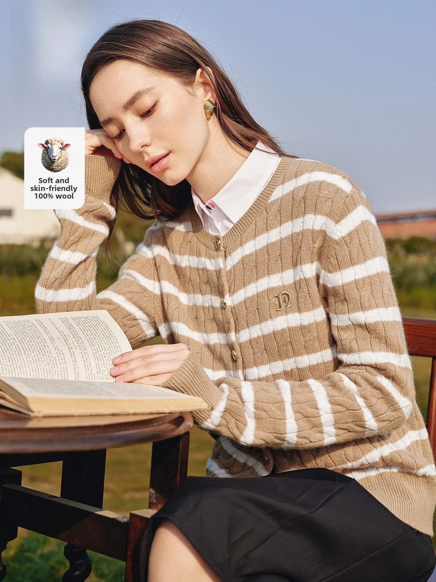 

Pure Wool Navigare Small Sailed Boat Knitted Cardigan Coat Women's Striped Open Front Jaet Soft Long Sve Casual Sle