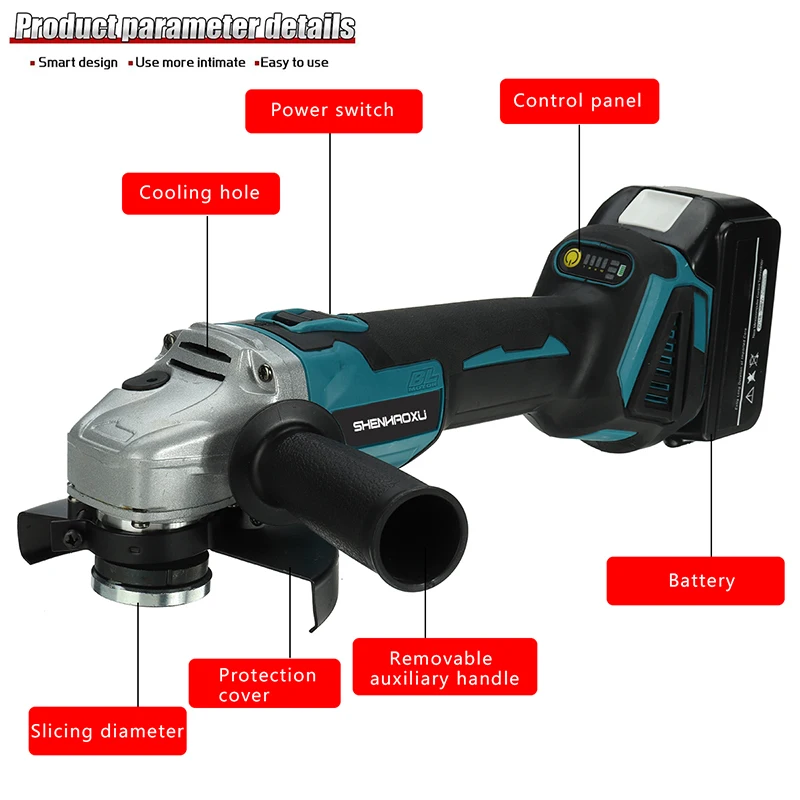 SHENHAOXU Electric Angle Grinder 4/5inch 120/125mm Rechargeable Brushless Cordless 4 Speed Cutting Power Tool Makita 18V Battery