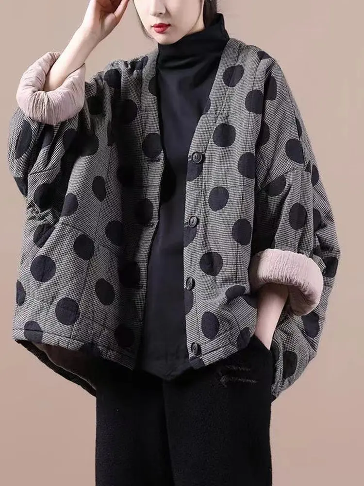 plus Size Women's Cotton Jaet Thiened V-Ne ort Outerwear Retro Polka Dot Print Loose Fit Autumn Winter Faionable
