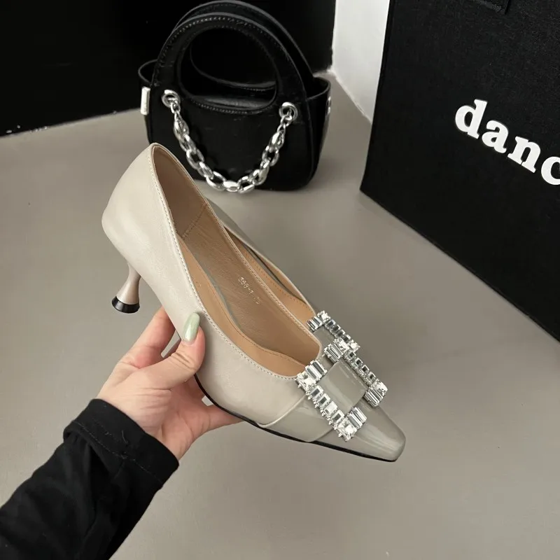 

New rhinestone Mary Jane women's high heels vintage small square head single shoe color matching work shoes women's dress shoes