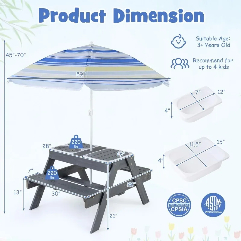 Kids Picnic Table, 4 in 1 Cedar Wooden Sand & Water Table w/ 3 Removable Box & Umbrella, Kids Picnic Tables for Outdoors