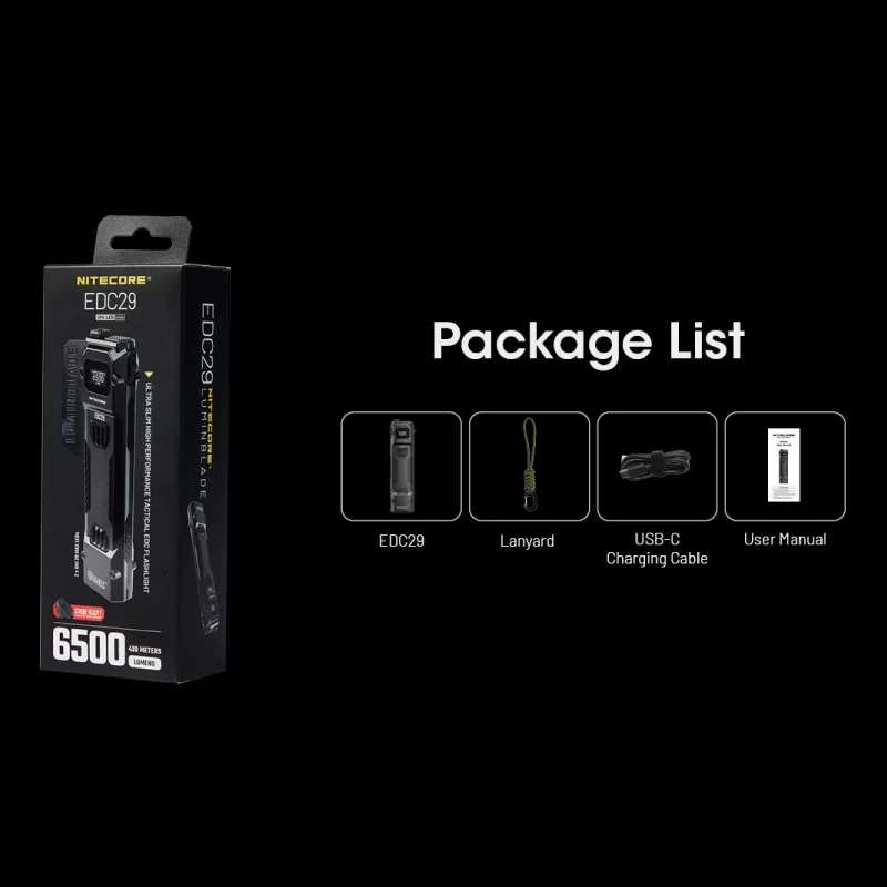 Nitecore edc29 6500 lúmens utra fino edc lanterna tática USB-C recarregável bulit-in bateria lançamento máximo de 400 metros