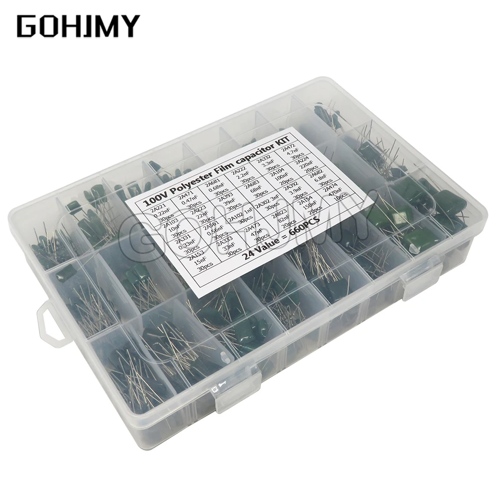 660pcs/lot 24value capacitor kit 100v 2a221j to 2a474j  polyester film capacitor assorted kit 0.47nf 0.68nf 1nf 2.2nf capacitors