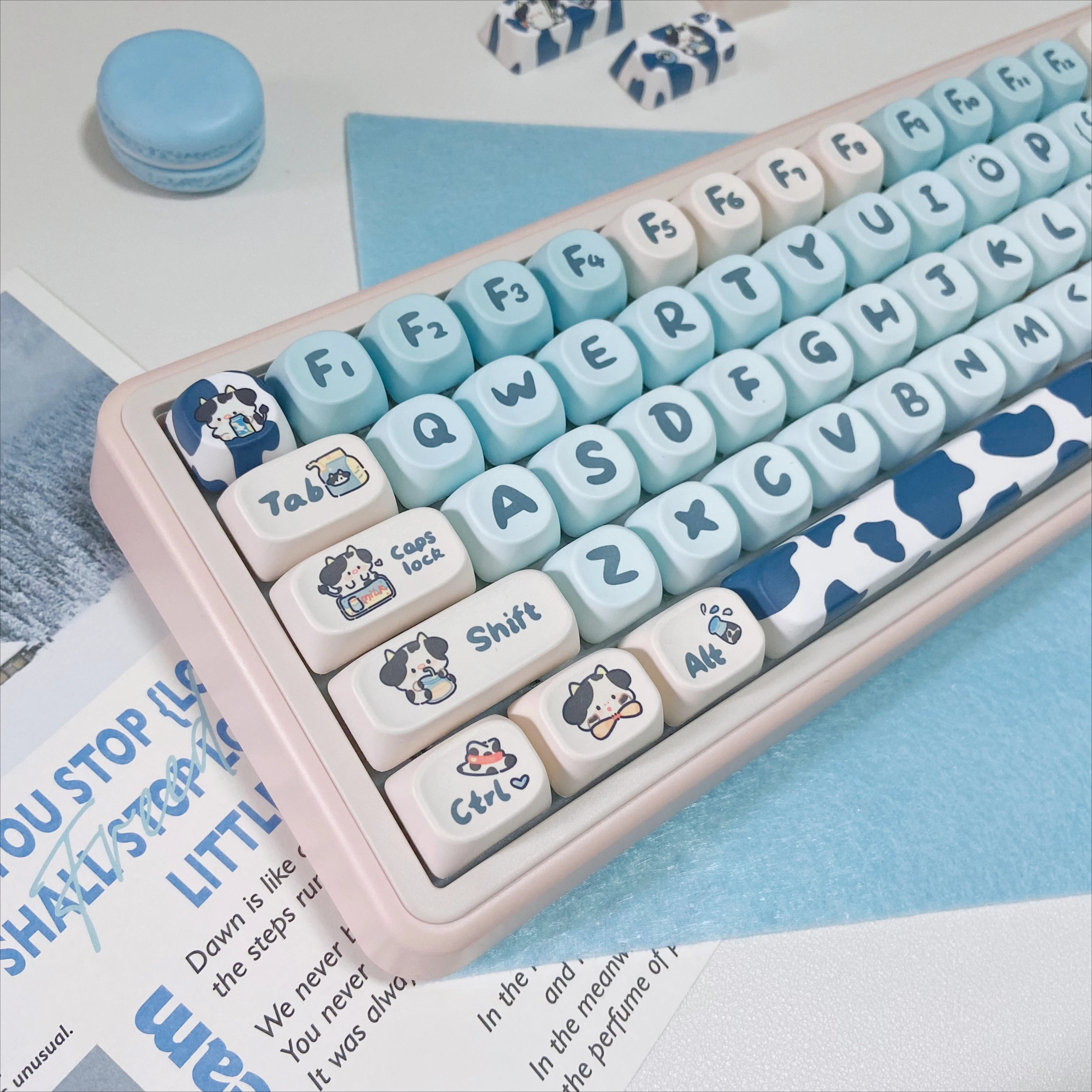 Cute Sky Blue Keycaps for Mechanical Keyboards MOA Profile PBT Key Caps Gaming Keyboards DIY Accessories Cow Theme Key Caps