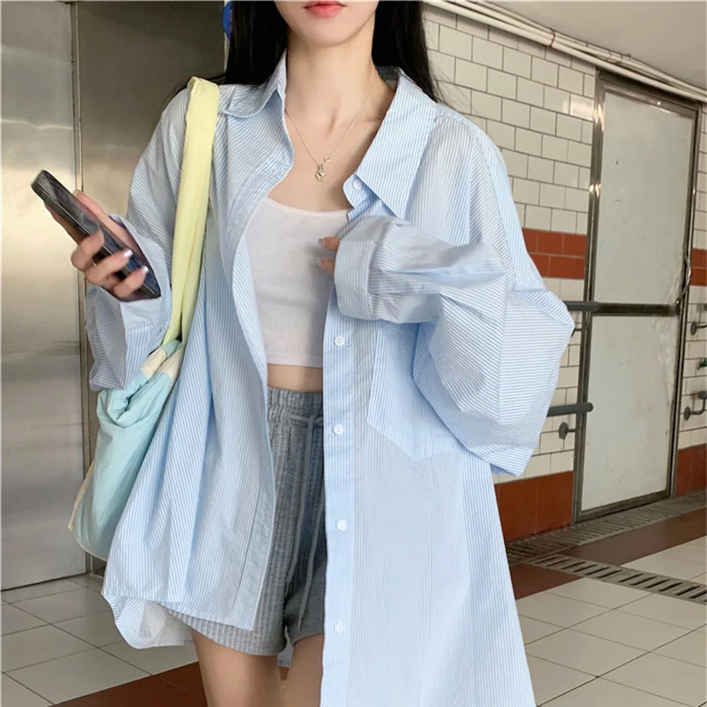 Polo à rayures pour femmes, Protection solaire d'été, ample, décontracté, ouvert, Cardigan, haut mi-long