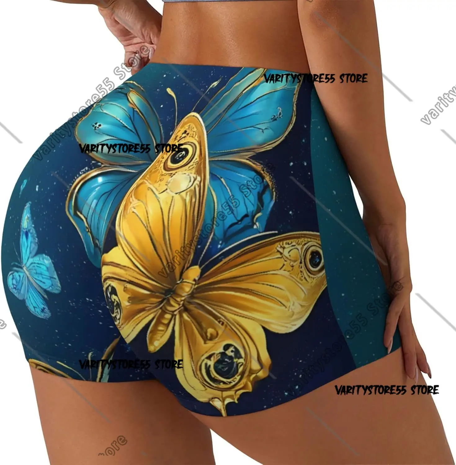 شورت للتمرين على شكل فراشات ذهبية زرقاء للنساء، شورت لراكبي الدراجات اليوغا، شورت كونتور لرفع الأرداف