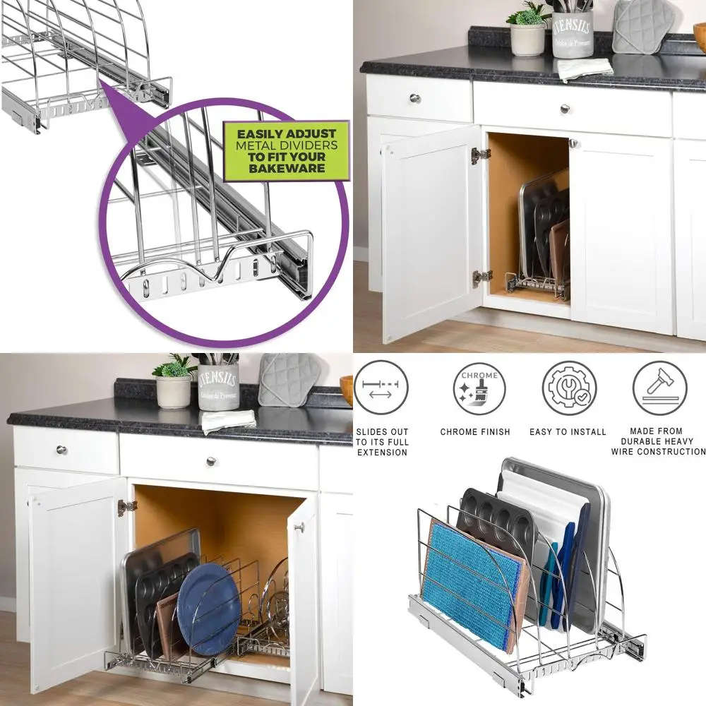 

Adjustable Chrome Pull-Out Organizer for Bakeware, Cutting Boards, and Trays - Heavy Duty, Lifetime Warranty, 12.5W x 21D x 11H,