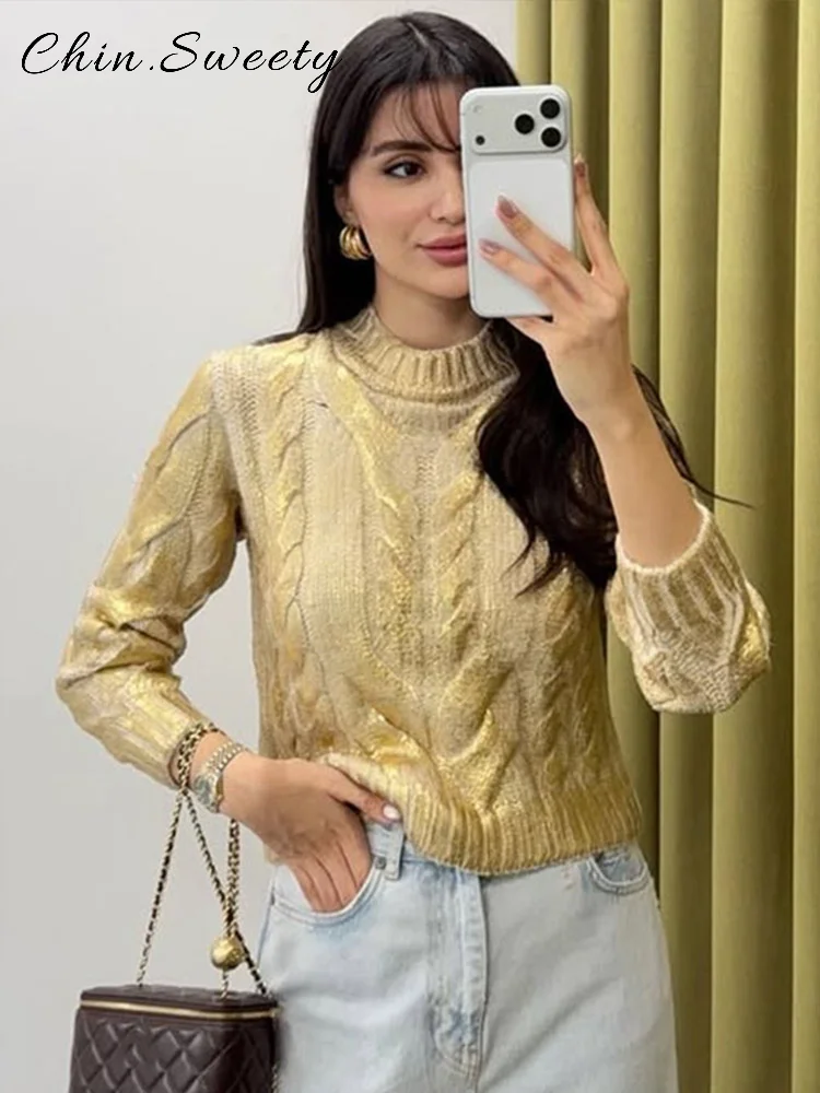 سترة نسائية محبوكة بعقدة ذهبية غير رسمية فضفاضة برقبة دائرية وأكمام طويلة بلوفر نسائي 2026 ربيعي أنيق ملابس تريكو تناسب الجميع