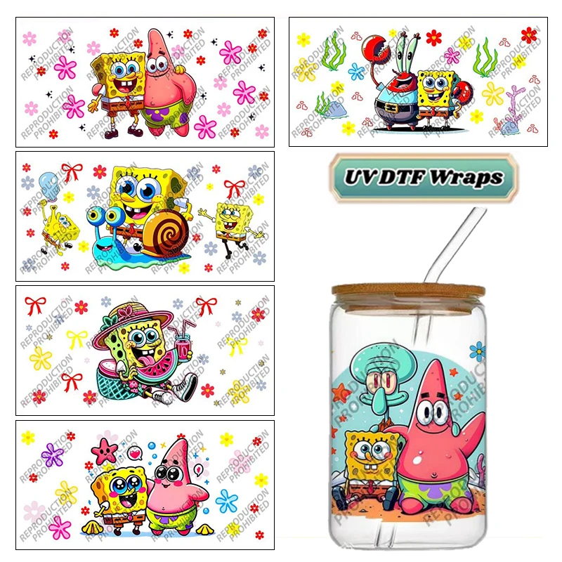 Cute Ocean Cartoon Yellow Sponge and Friends Pattern 16oz UV DTF Cup Wrap Cartoon Transfers Libbey Wrap Tumbler DIY Logo Sticker