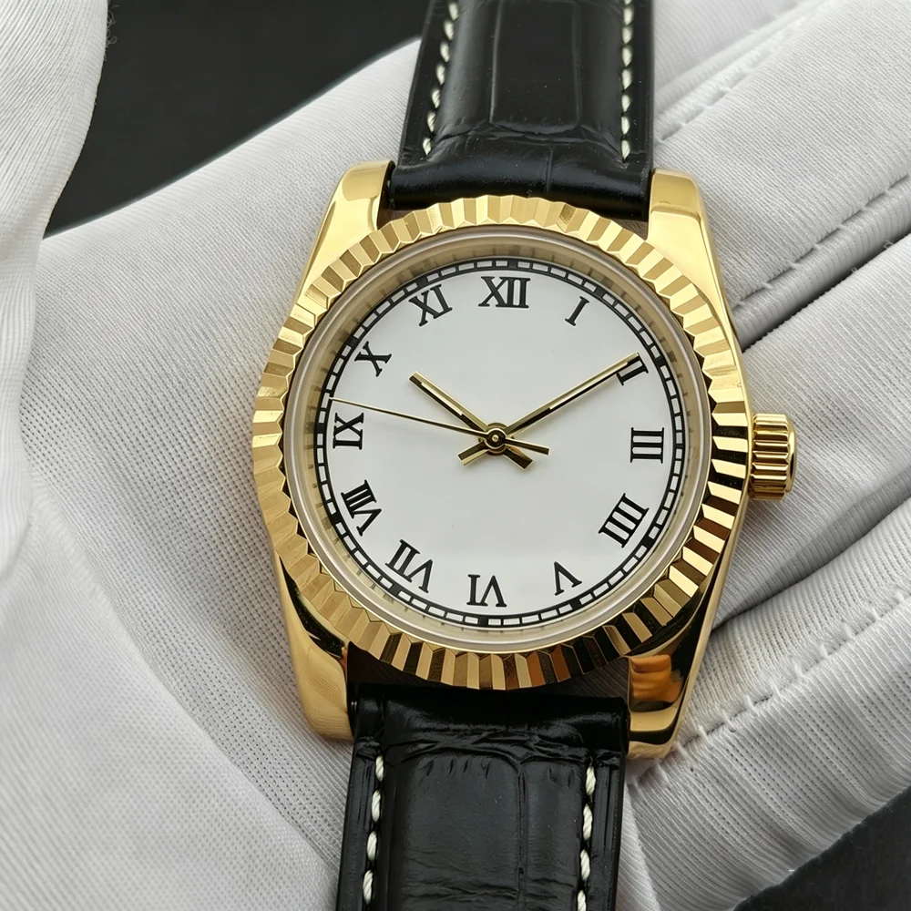 Men Gold Fluted Bezel Auto Watch Roman Dial Date Black Leather Strap Waterproof Business Gentleman Daily Male Casual Wristwatch