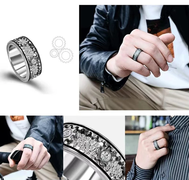 Stainless Steel Gear Wheel Style Ring CZ Zircon Rotating Relieve Stress Artifact Circle For Men Women Unisex-Adult Ring Jewelry