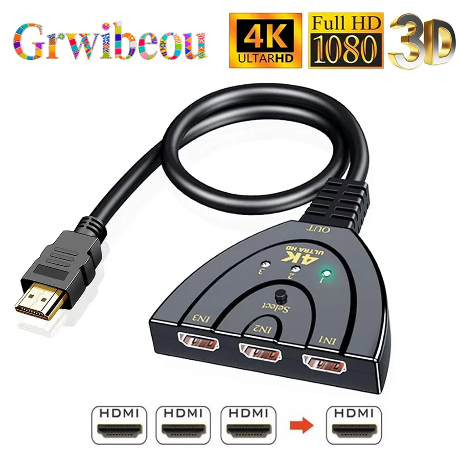 3 Input 1 Output HDMI-Compatible Switch KVM Splitter 4K 2K 3D 1080P 3 Port Video Switcher Hub For DVD HDTV Xbox PS3 PS4