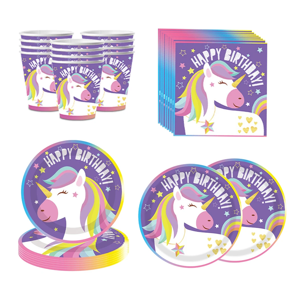 8Guests Unicorn Theme Disposable Tableware Purple Unicorn Plates Cups Tablecover Happy Unicornion Birthday Party Supplies