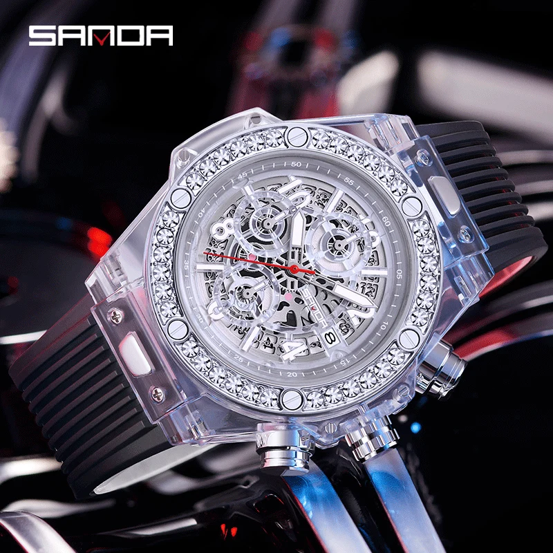 SANDA Mens Watches 2023 New Quartz Watch Fashion Transparent Case Luxury Personality Hollow Dial Luminous Waterproof Clock Reloj