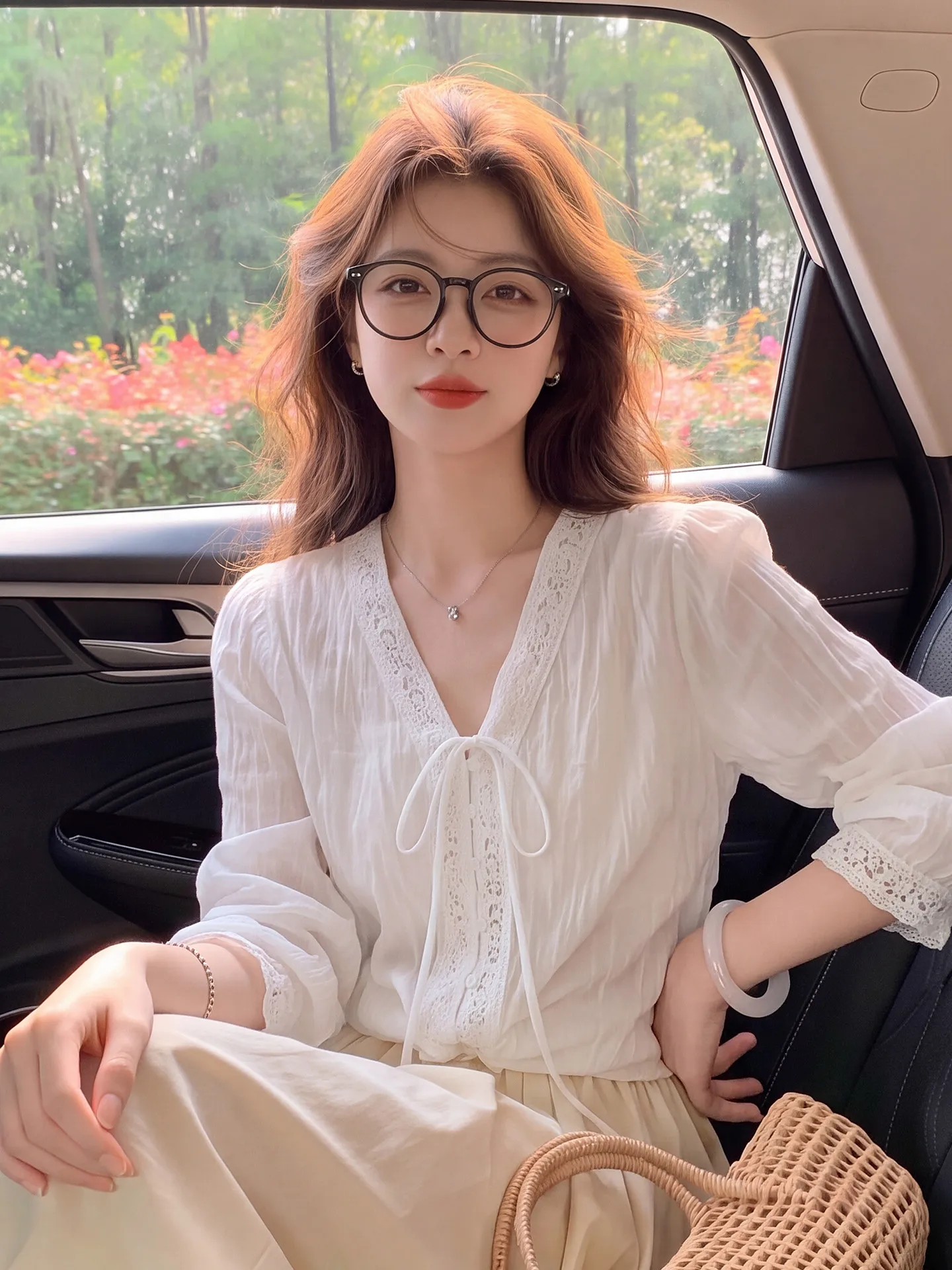White V-Neck Lace Splice Knot Loose Long Sleeve Shirt Women's Autumn Commute Versatile Top Korean Style Breathable