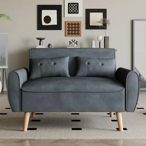 Nowoczesna sofa dwuosobowa z pikowaniem, model Century Linen, z poduszkami oparcia i zwężanymi nogami, ciemnoszara, 47 cali.