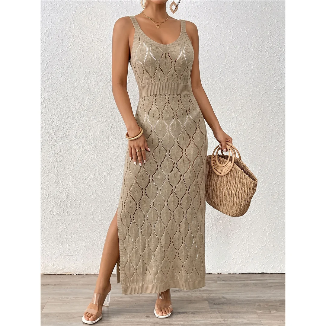 Einfarbige, ärmellose, ausgestellte, gehäkelte Tunika, Strandkleid, Strandmode, Damen V8299 – Detail 14