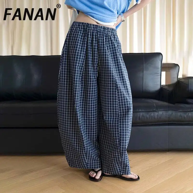 FANAN Women Plaid Wide Leg Pants Elastic Waist Loose Baggy Trousers Casual Soft Checkered Pants For Daily Loungewear
