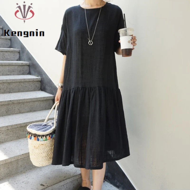 Loose Plus Size 5XL Dresses Woman 2023 Summer Dress Cotton Linen Causal Lady Dress Vestidos Simple O-Neck Female Robe KE2557