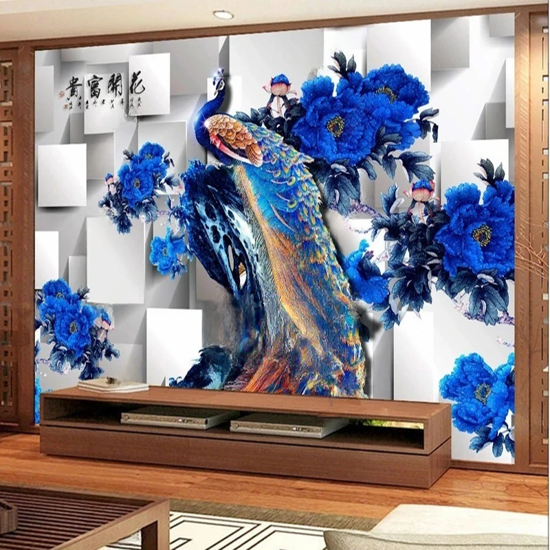 Custom Mural Wallpaper 3D Abstract Space Geometric Pattern Peacock Flower Wall Art Painting Background Decorative Wall Papers