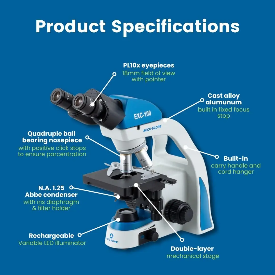 Accu-Scope Compound Microscope Exc-100 - Binocular Head, 40-1000X Magnification, Mechanical Stage, Achromat Objectives,