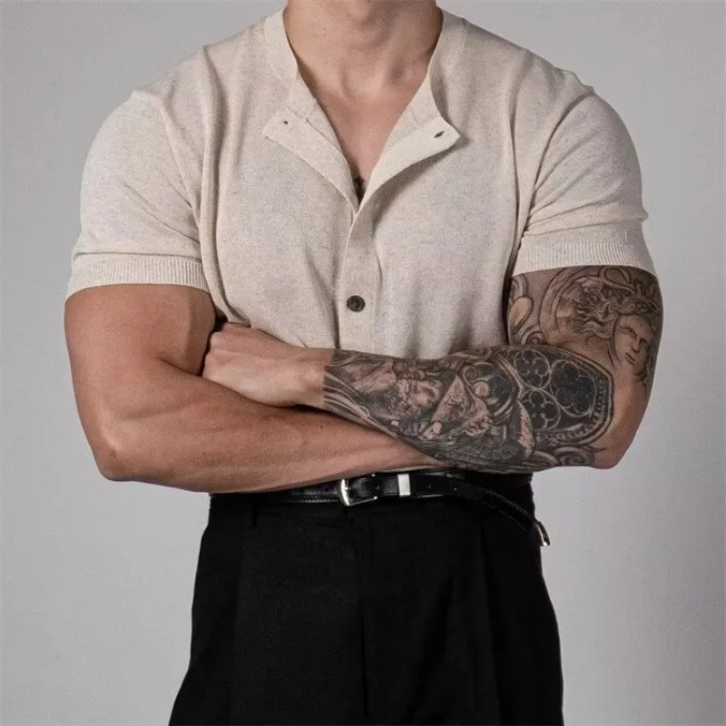 Luxury Brand Men Knitted Cardigan Short Sleeve Summer Thin Single-breasted Knit Sweater Breathable Ice Silk T-shirt Outerwear